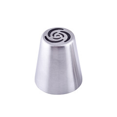 Stainless steel piping nozzle isolated on white background, copy space. Icing tip for decorating cakes and cookies. Frosting nozzle, icing