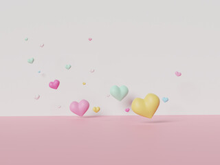 3D of colorful pastel hearts background. Happy Women's, Mother's, Valentine's Day, birthday greeting card, Happy children day.