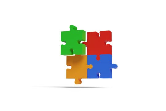 Four Puzzle Pieces, Red, Blue, Green And Orange, Coming Together In Three Dimensions. Teamwork Concept. 3d Illustration.