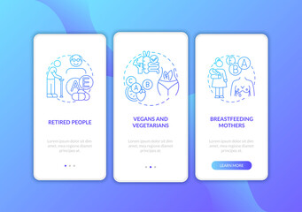 Who should take vitamins onboarding mobile app page screen with concepts. Elderly, vegetarians, mothers walkthrough 3 steps graphic instructions. UI vector template with RGB color illustrations