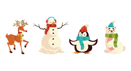 christmas reindeer penguin bear and snowman characters icons