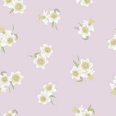 Vector Daffodil Flowers in Yellow Beige Green Scattered on Pink Background Seamless Repeat Pattern. Background for textiles, cards, manufacturing, wallpapers, print, gift wrap and scrapbooking.