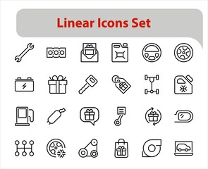 AUTO PARTS Set of Icons related vector line icons. Contains icons such as parts, oil, diagnostics, turbine, steering wheel, key, chassis, gearbox and much more. Editable stroke