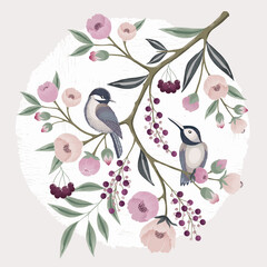 Vector illustration with little birds on floral branches in spring. Design for cards, party invitation, Print, Frame Clip Art and Business Advertisement and Promotion 
