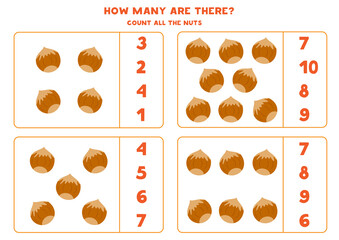 Counting game with cartoon hazelnuts. Educational math worksheet.