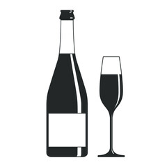 Champagne bottle and glass graphic icon. Bottle and glass of champagne sign isolated on white background. Vector illustration