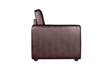side view of dark brown leather armchair furniture isolated on white background