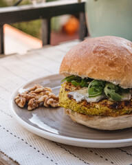 Chickpeas veggie burger on a table.