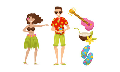 Woman Dancing in Hawaiian Clothing and Man Drinking Refreshing Cocktail Vector Illustration Set