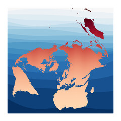 World Map Vector. Gringorten square equal-area projection. World in red orange gradient on deep blue ocean waves. Trendy vector illustration.