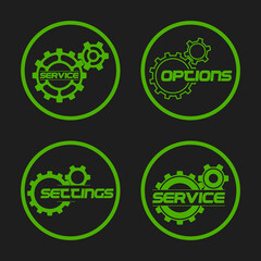 Set service icons image of tools gears parts. Symbols options tools spanner for repair. Settings service spanner pictures. Logo spare parts. Set options logo. Car wrench repair service