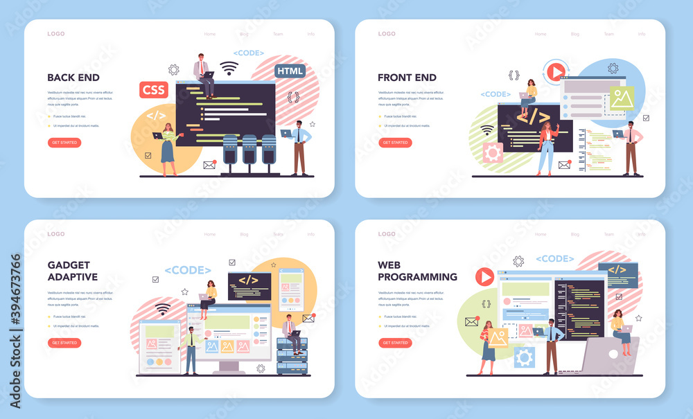 Poster programming web banner or landing page set. idea of working