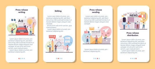 Naklejka premium Press release mobile application banner set. Mass media