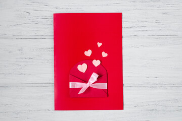 Step 11. Valentines day card, craft gift, flat lay on wooden background. Step by step instructions for handmade valentine