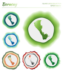 Boracay logo collection. Colorful logo of the island. Unique layered dynamic frames around Boracay border shape. Vector illustration.