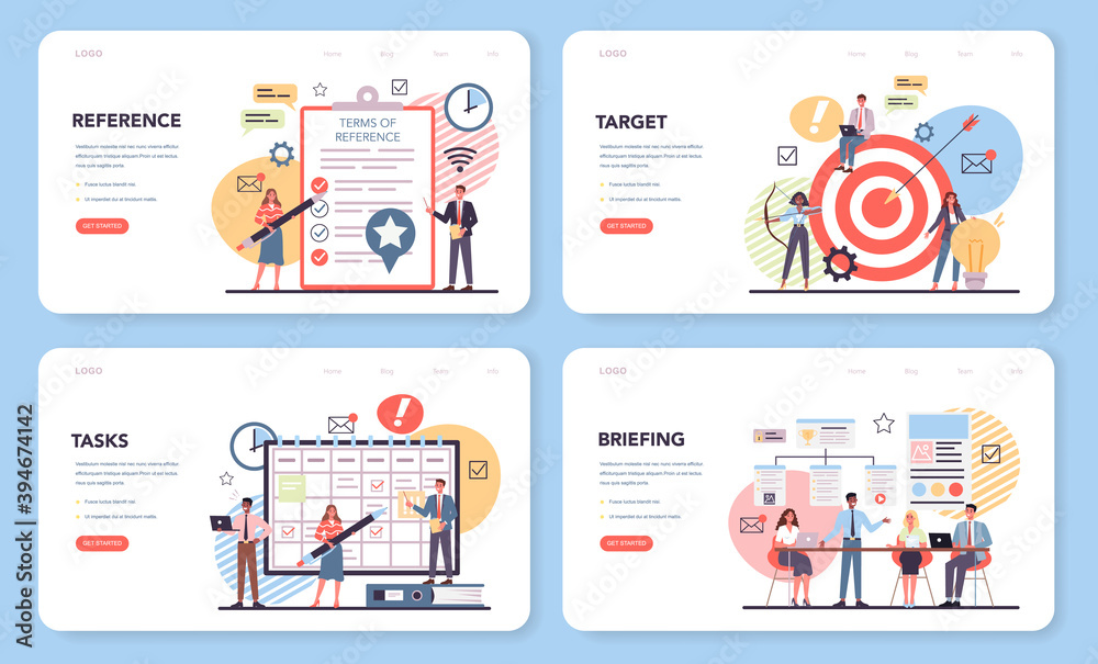 Poster website creation web banner or landing page set. process of website development