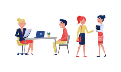 Employee Applicant Having Job Interview with HR Specialist Vector Illustration Set