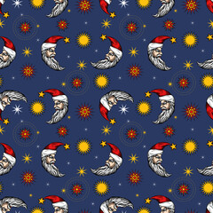 .Crescent Santa in the starry sky. Vector vintage seamless pattern  in engraving style. Good Night and Merry Christmas Moon Design.