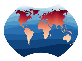 World Map Vector. Ginzburg IX projection. World in red orange gradient on deep blue ocean waves. Radiant vector illustration.