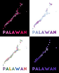 Palawan map. Collection of maps of Palawan in dotted style. Borders of the island filled with rectangles for your design. Vector illustration.