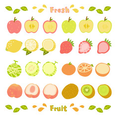 8種類のカラフルなフルーツのベクターイラストセット（全体＆断面）
