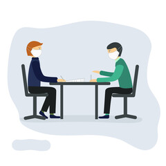 Obraz premium Masked negotiations. Two masked men sign documents at the table. Isolated vector image. Pandemic safety concept.