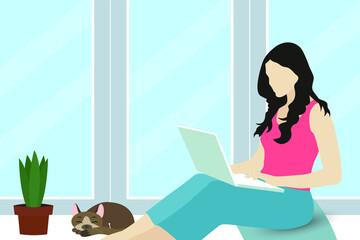 The girl works sitting at home.A woman sits at the window and works on a laptop. Remote work, freelance. Self-isolation during the coronavirus epidemic. Interior of the room. Flat vector illustrations