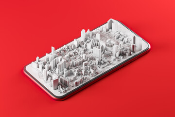 White screen of a smartphone with a volumetric map of the city on a red background. The concept of a navigator, guidebook, area map. 3d rendering