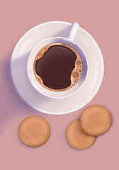 Black coffee Cup with cookies with shadow on pale pink background, vector illustration