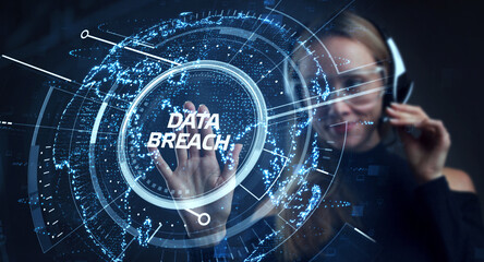Business, Technology, Internet and network concept. Young businessman shows the word: Data breach