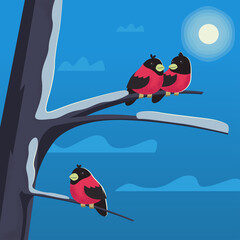 Winter landscape flat design illustration. Cute cartoon Bullfinches are sitting on a tree branch. Birds in winter.