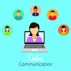 Online communication.People connect together, study or meet online via teleconference, remote work on laptop computer concept, flat vector illustration