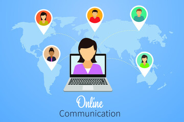 Online communication.People around the world connect together, study or meet online via teleconference, remote work on a laptop computer concept, flat vector illustration