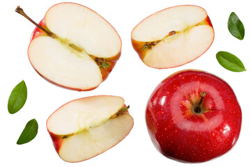 red apples with slices and green leaves isolated on a white background. top view