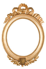 Empty oval golden baroque frame isolated on white background.