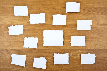 Blank paper notes of ripped paper arranged with bigger note in the middle.