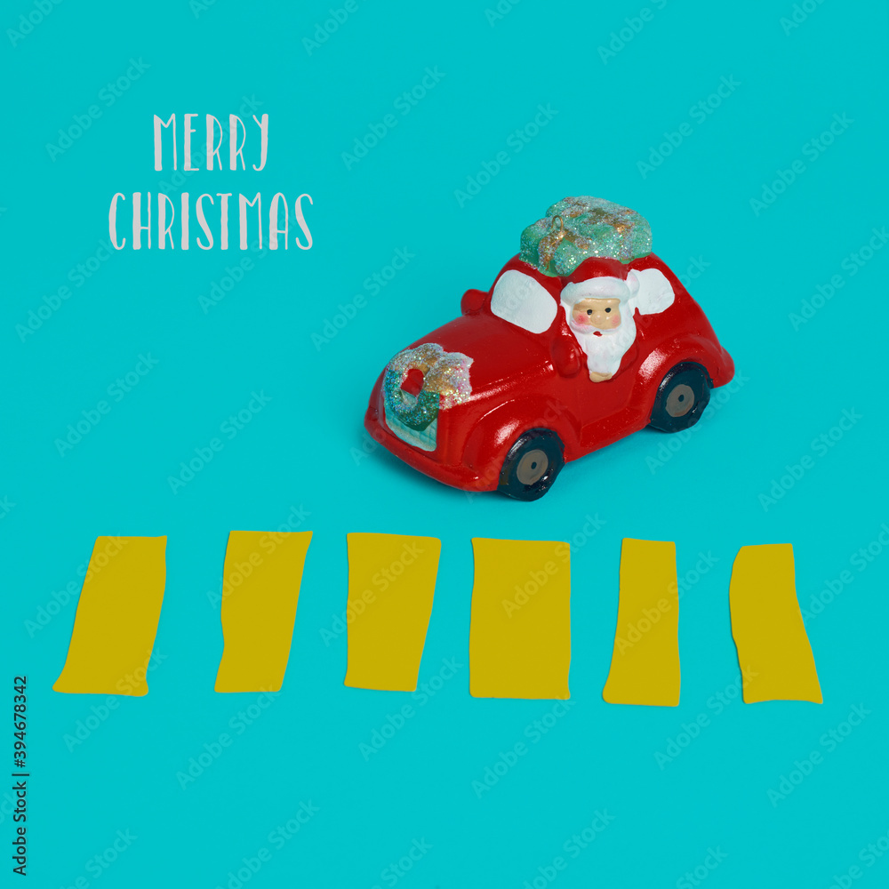 Sticker santa driving a car and text merry christmas