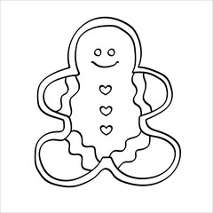 Contour drawing of a gingerbread man. Cute Christmas biscuit. Isolated vector illustration on a white background.