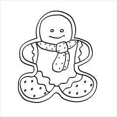 Contour drawing of a gingerbread man. Cute Christmas biscuit. Isolated vector illustration on a white background.