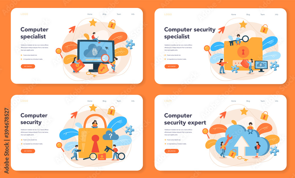 Sticker cyber or web security specialist web banner or landing page set.
