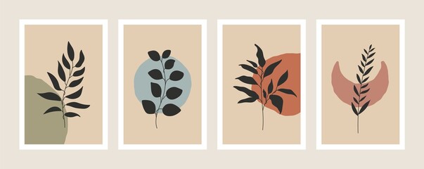 Abstract botanical foliage posters. Floral wall art, minimal plant set for card print wallpaper cover, hand drawing design, vector illustration
