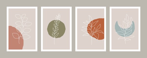 Abstract botanical poster set. Floral wall art print, minimal plant design for card, wallpaper, cover, natural drawing, vector illustration