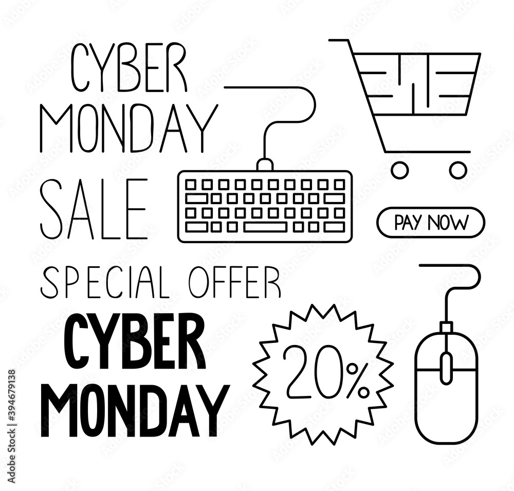 Poster cyber monday set icons in white background vector illustration design