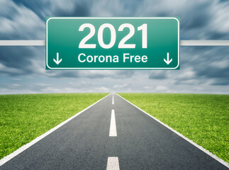 Corona Free in 2021 concept with road and sign