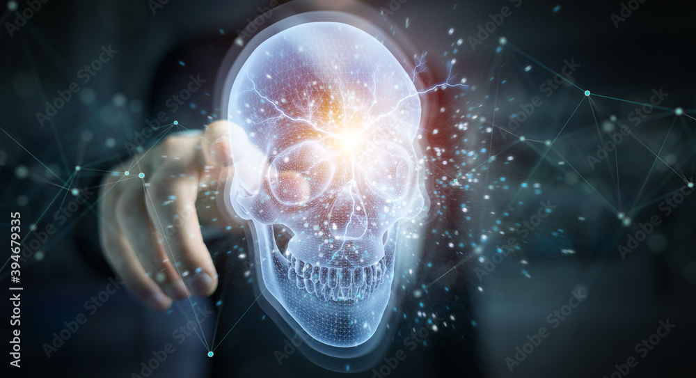 Aufkleber Man using digital x-ray skull holographic scan projection 3D rendering