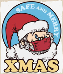 Retro Button with Cute Santa Claus and Half-mask for Xmas, Vector Illustration