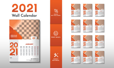 Elegant 2021 Wall Calendar layout design with orange colour, Set of 12 months 