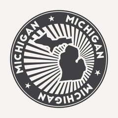 Michigan round logo. Vintage travel badge with the circular name and map of US state, vector illustration. Can be used as insignia, logotype, label, sticker or badge of Michigan.