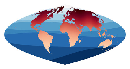 World Map Vector. Craster parabolic projection. World in red orange gradient on deep blue ocean waves. Superb vector illustration.