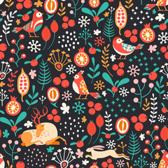 Seamless pattern with winter nature ornament. Leaves, flowers, bird, deer and hare